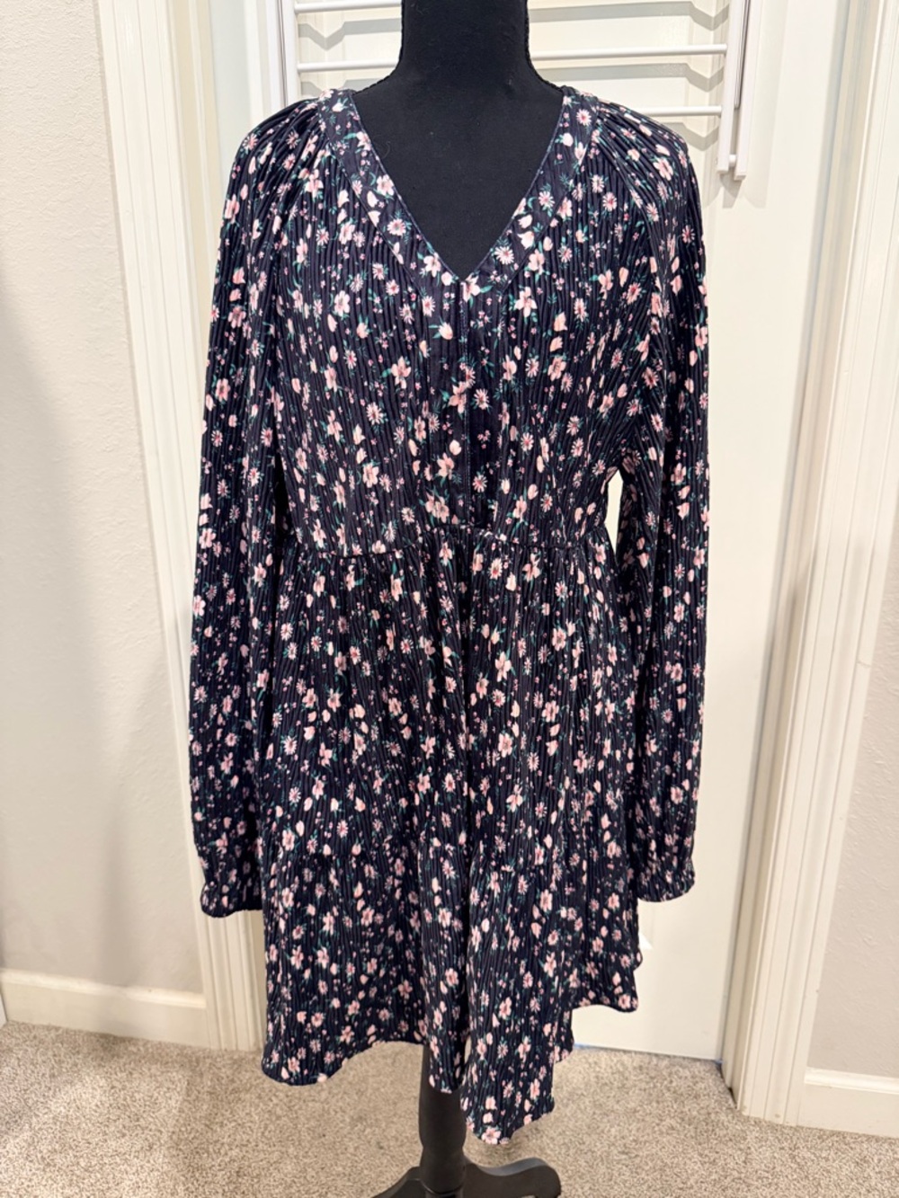 Floral V-Neck Long Sleeve Corduroy Dress in Navy with Pink Blossoms